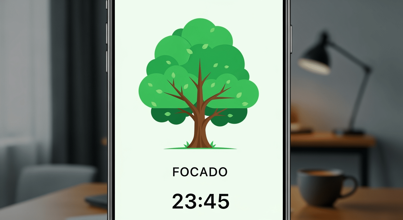 Tela do aplicativo Forest App mostrando uma árvore crescendo como recompensa pelo foco e um contador de tempo.