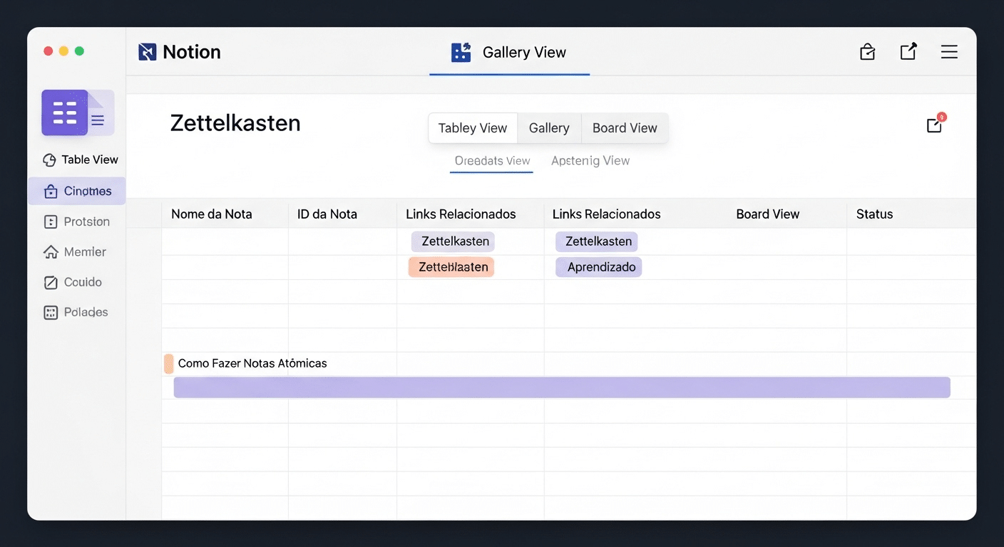 Captura de tela do meu database de tarefas no Notion mostrando 3 views diferentes de um template de nota Zettelkasten com propriedades para tags, links, ID e status.