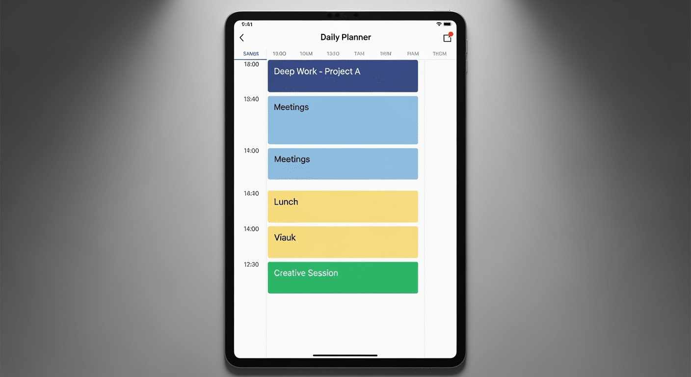 Exemplo de página com blocos de tempo para Time Blocking em um planner digital, visualizando tarefas e compromissos agendados.