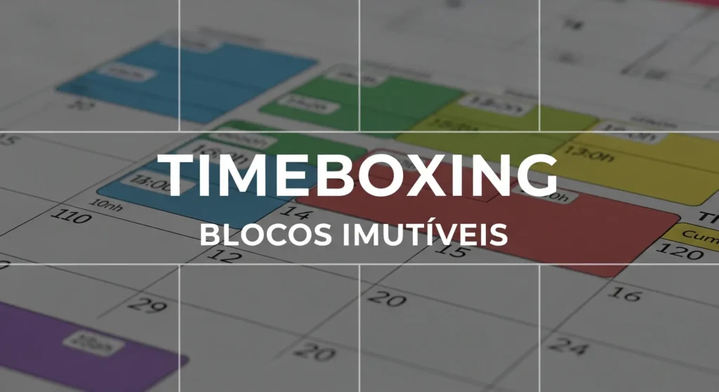 Thumbnail com texto "TIMEBOXING BLOCOS IMUTÁVEIS" sobre calendário com blocos de tempo coloridos em grade organizada
