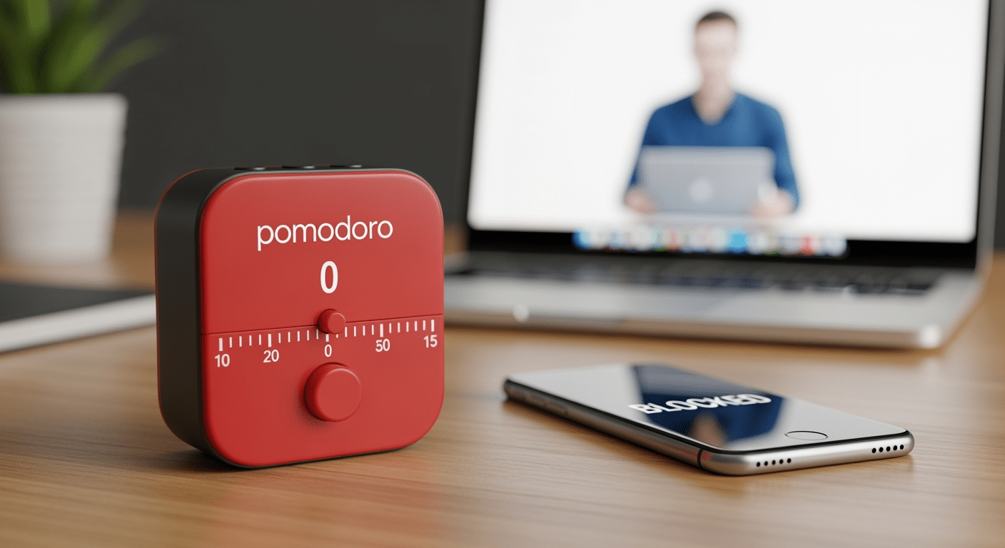 Temporizador Pomodoro ao lado de um celular com notificações, representando o desafio do foco.