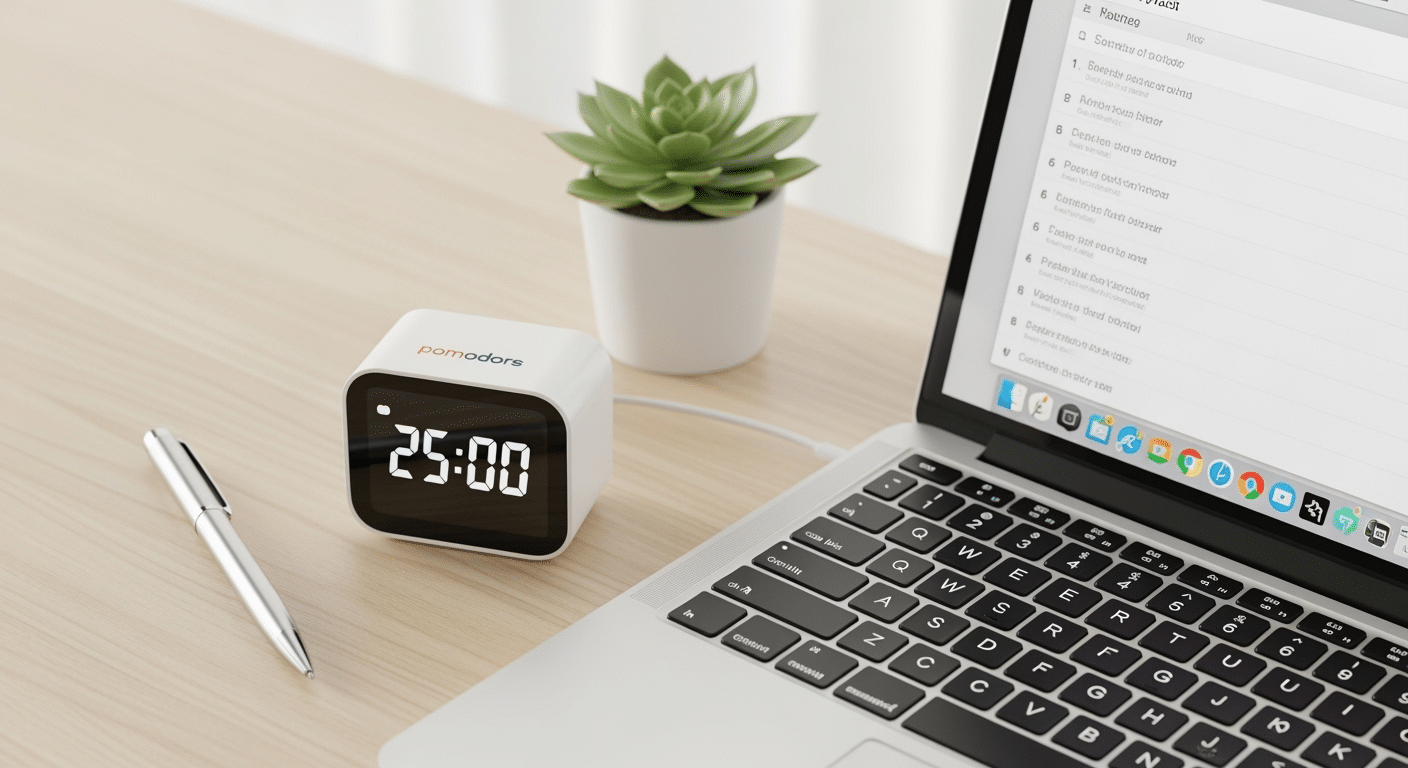 Captura de tela de um timer Pomodoro (digital ou físico) ao lado de um espaço de trabalho organizado com um computador exibindo uma lista de tarefas.