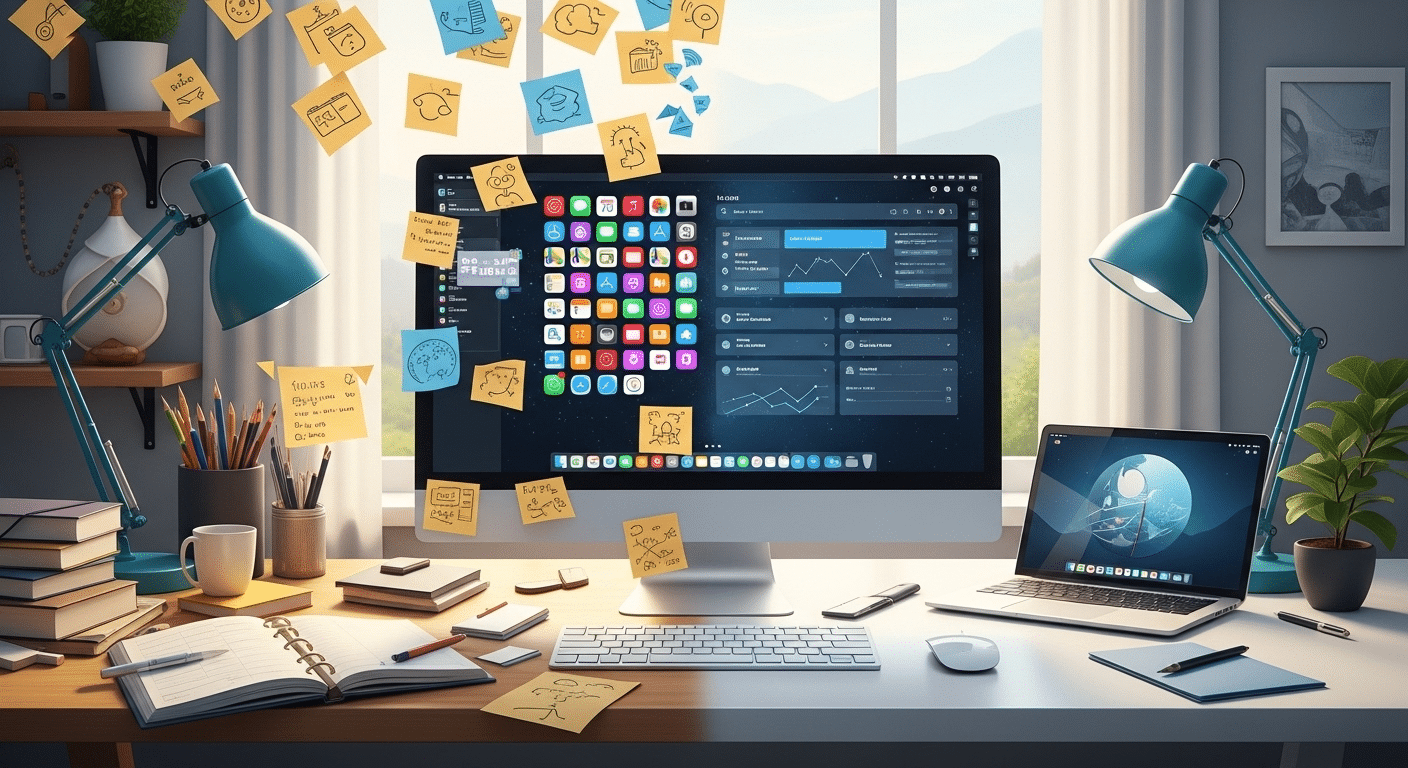Representação visual da transição do caos digital para uma solução centralizada de produtividade