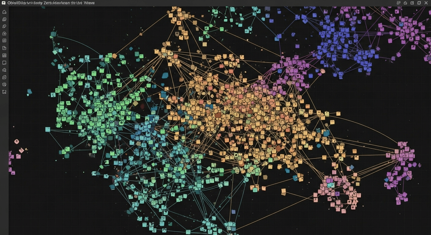 Screenshot de um 'Graph View' (Visão em Grafo) de um Zettelkasten no Obsidian ou Roam Research, mostrando a rede de notas interconectadas e seus relacionamentos visuais.