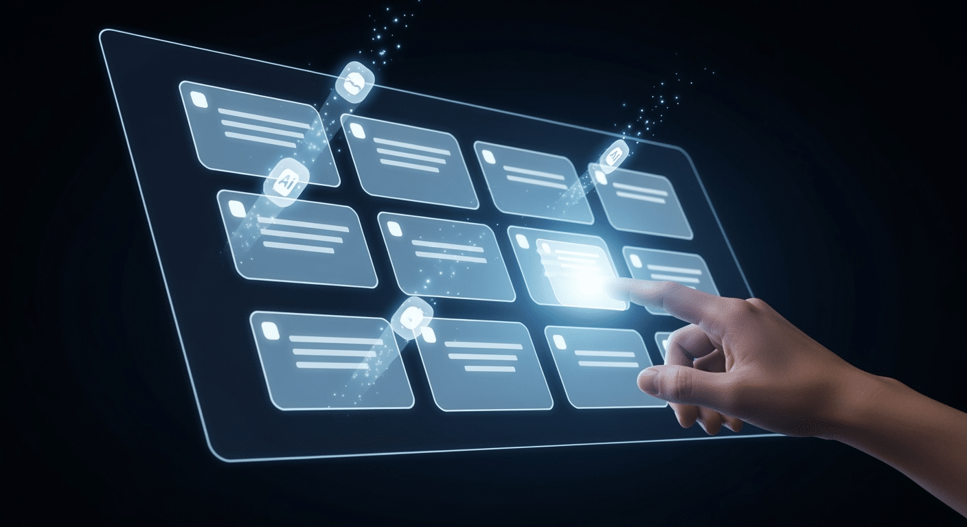 Visão futurista da interface do Trello com elementos de inteligência artificial e visualizações avançadas, indicando inovações futuras e personalização.