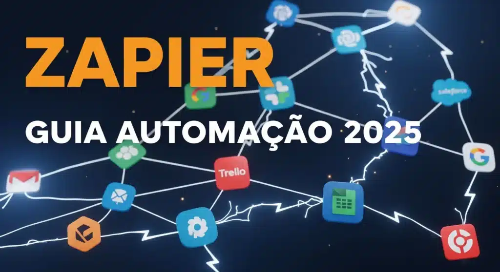 Thumbnail com texto "ZAPIER GUIA AUTOMAÇÃO 2025" sobre ícones de aplicativos conectados com raios em design dinâmico laranja