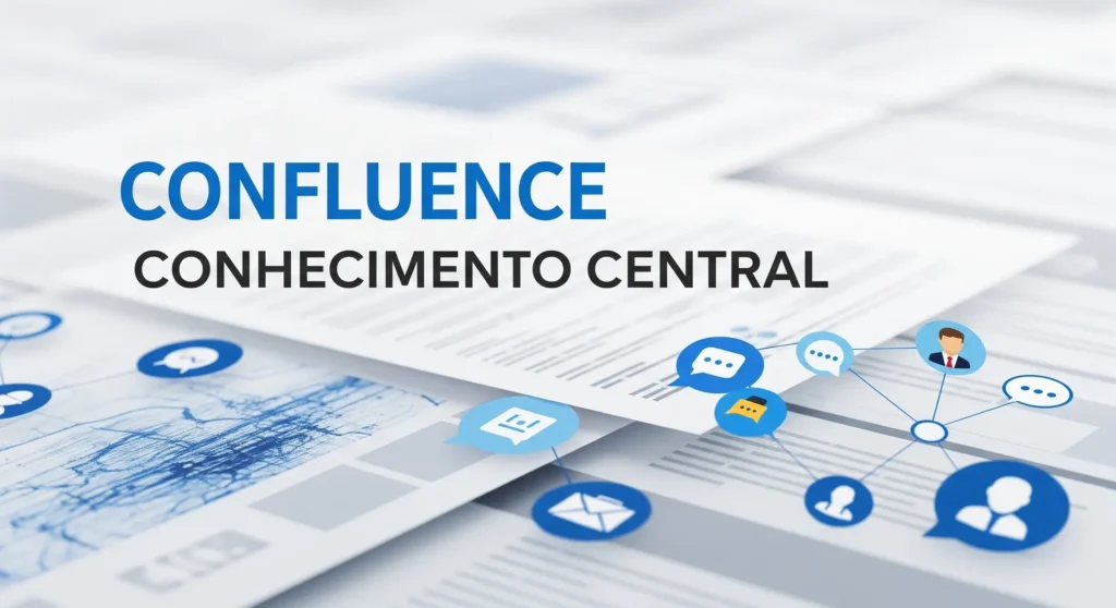 Thumbnail com texto "CONFLUENCE CONHECIMENTO CENTRAL" sobre páginas de documentos e ícones de equipe em estética empresarial azul