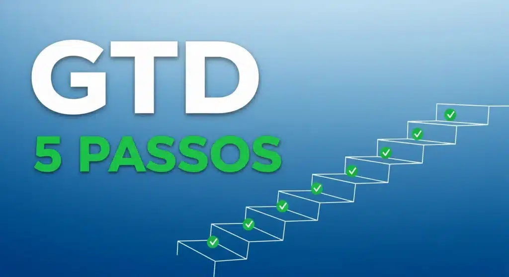 Thumbnail com texto "GTD 5 PASSOS" sobre fundo com escada ascendente e marcações de conclusão representando metodologia Getting Things Done