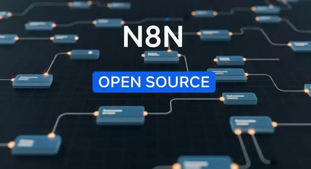 Thumbnail com texto "N8N OPEN SOURCE" sobre nós de fluxo de trabalho e conexões em estética técnica para desenvolvedores