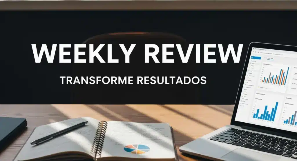Thumbnail com texto "WEEKLY REVIEW TRANSFORME RESULTADOS" sobre fundo com caderno e laptop mostrando análises