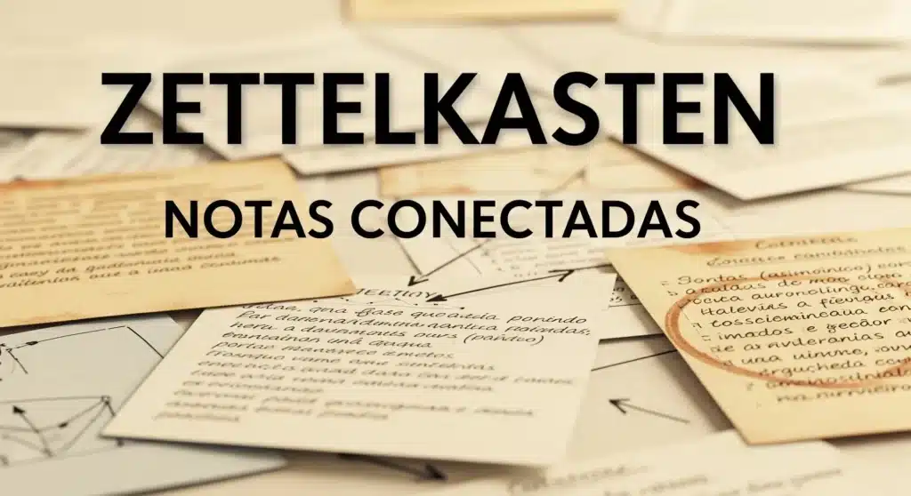 Thumbnail com texto "ZETTELKASTEN NOTAS CONECTADAS" sobre cartões de notas interconectados em estética acadêmica vintage