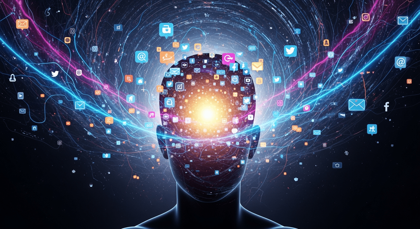 Cérebro humano enfrentando distrações digitais, com ícones de redes sociais e notificações flutuando.