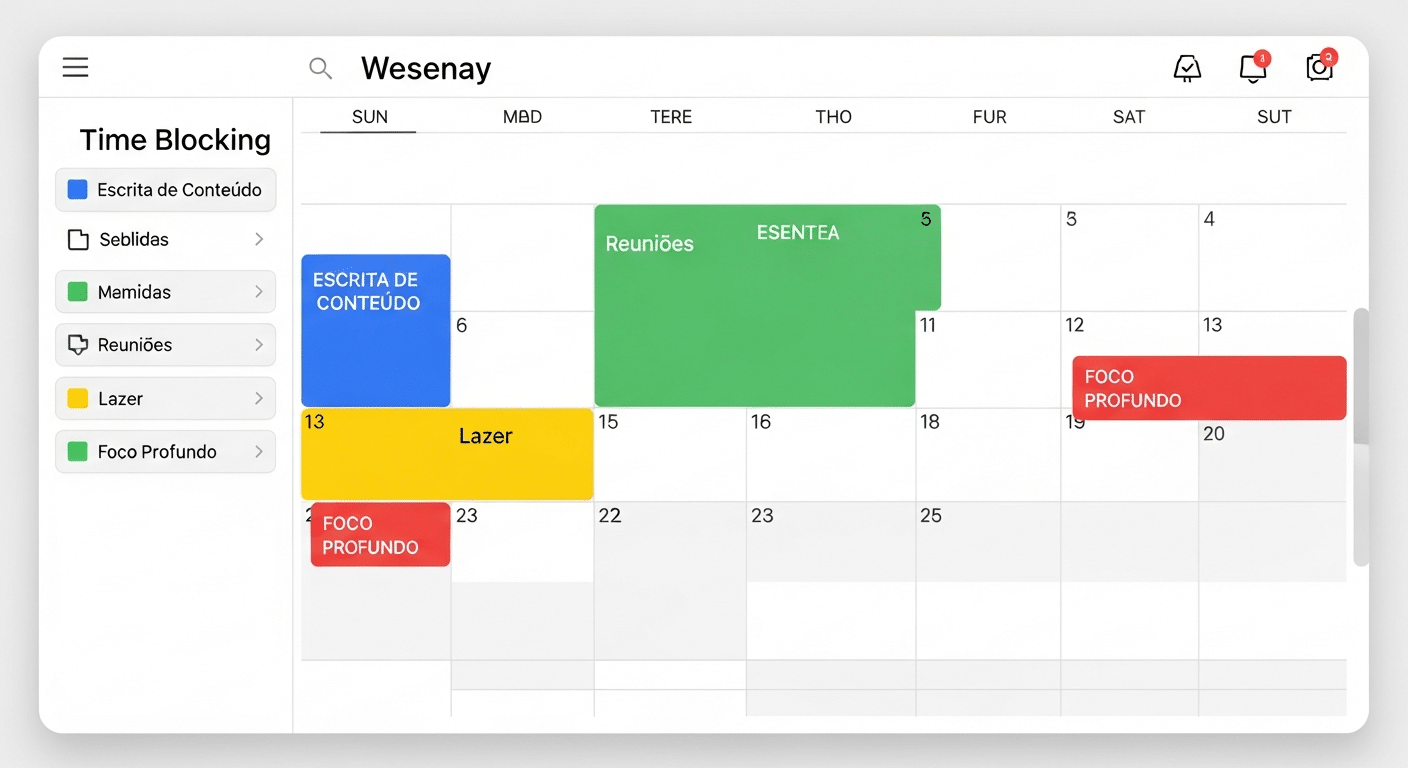 Visualização semanal de um calendário digital com blocos de tempo coloridos para diferentes tipos de atividades, como 'Escrita de Conteúdo' (azul), 'Reuniões' (verde) e 'Lazer' (amarelo), demonstrando a técnica de Time Blocking.