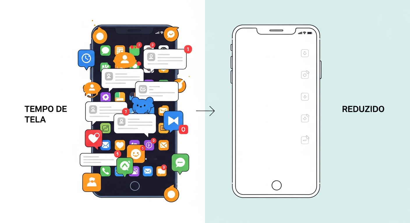 Gráfico comparativo do tempo de tela antes e depois do detox digital, mostrando uma redução significativa no uso.