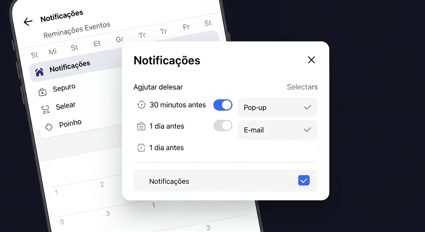 Captura de tela mostrando as opções de configuração de lembretes e notificações personalizadas para um evento no Google Calendar, incluindo tempo de antecedência e tipo de alerta.