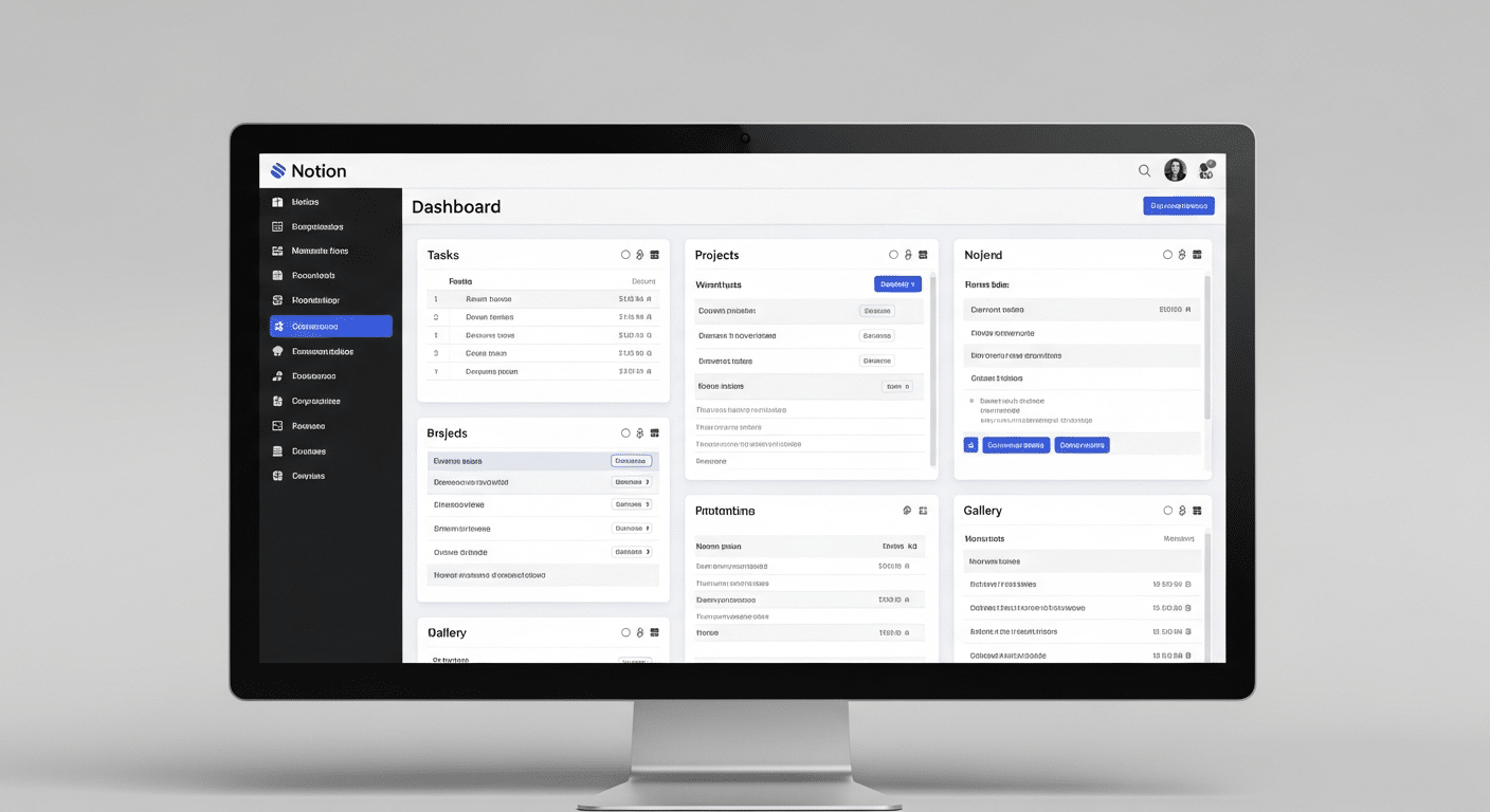 Captura de tela de um sistema de organização de notas ou um 'palácio da memória' digital usando o Notion, mostrando diferentes views de tarefas e projetos, com dados pessoais borrados para privacidade.
