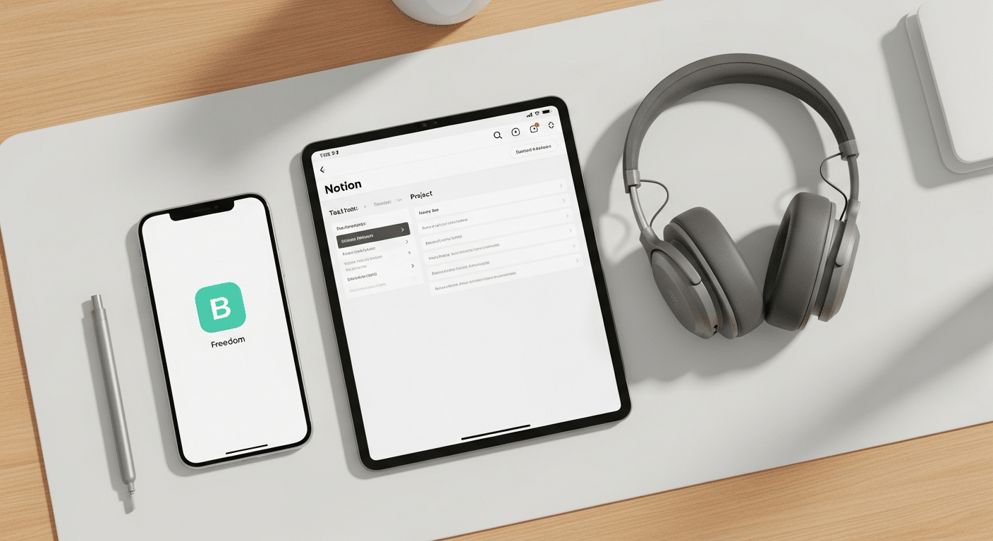Mesa de trabalho com notebook, fones de ouvido com cancelamento de ruído e um smartphone, representando ferramentas para otimizar o Deep Work.
