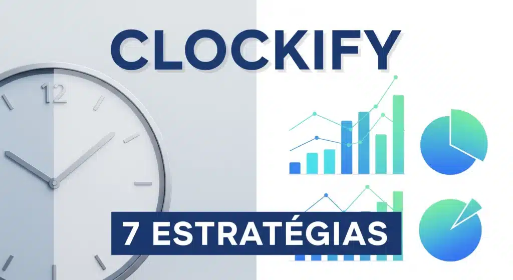 Thumbnail com texto "CLOCKIFY 7 ESTRATÉGIAS" sobre relógio e gráficos de produtividade em design azul profissional