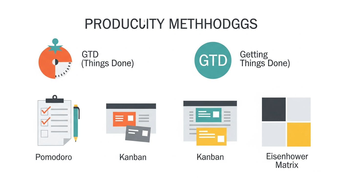 Infográfico comparativo das principais metodologias de produtividade: Técnica Pomodoro, Getting Things Done (GTD), Kanban e Matriz de Eisenhower, destacando prós, contras e cenários de aplicação ideais.