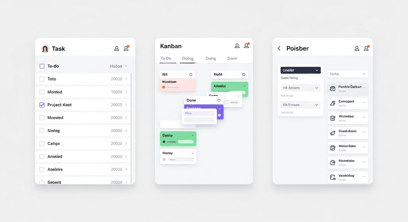 Capturas de tela de interfaces de usuário de aplicativos de produtividade populares, como Trello, Todoist e Notion, mostrando exemplos de listas de tarefas, quadros Kanban e bases de dados.