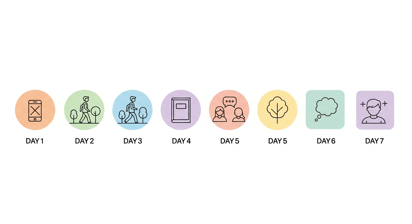 Linha do tempo visual detalhando as atividades e restrições diárias do protocolo de detox digital de 7 dias, como uma checklist.