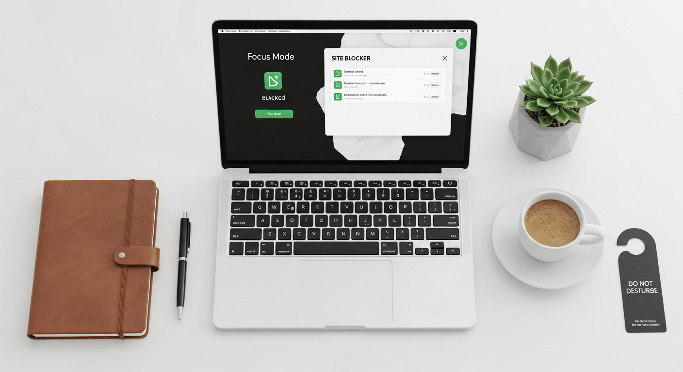 Checklist ou infográfico mostrando um ambiente de trabalho digital otimizado, com notificações desativadas, mesa organizada e um aplicativo de bloqueio de sites em uso.