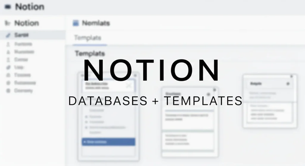 Tutorial thumbnail with large text "NOTION" in bold black font centered, "DATABASES + TEMPLATES" below, clean Notion interface mockup in background, minimalist design, 16:9 aspect ratio
