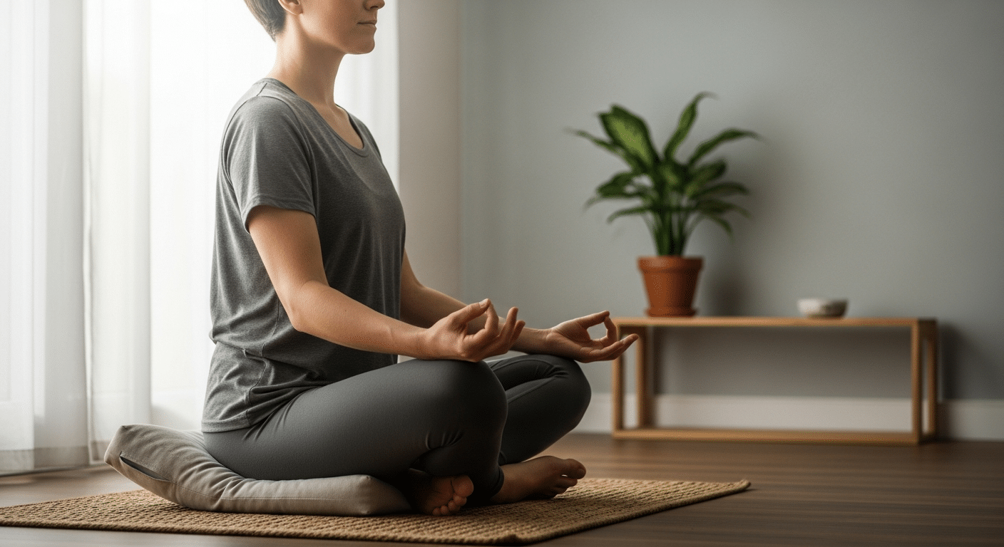 Imagem de uma pessoa em um ambiente tranquilo praticando meditação, com foco sereno e iluminação suave.