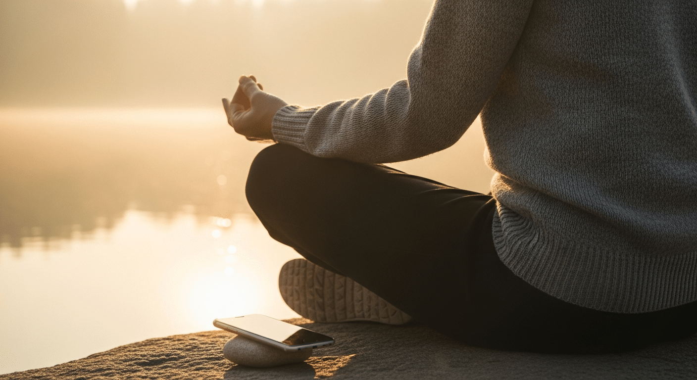 Pessoa meditando em um lago tranquilo ao pôr do sol, representando a paz interior, o foco e a reconexão alcançados com o detox digital.