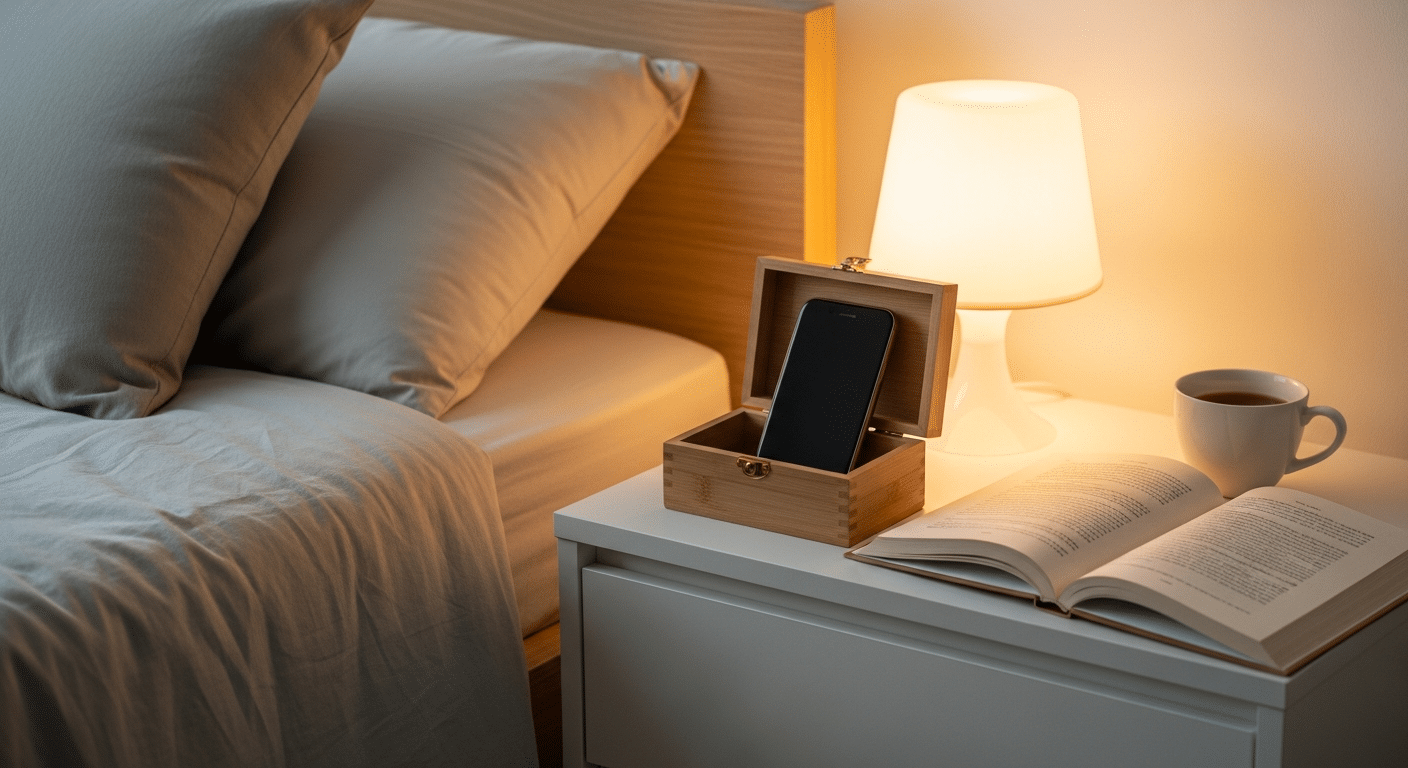 Um celular guardado em uma gaveta no quarto, simbolizando uma 'zona livre de tecnologia' para promover um sono melhor e reduzir distrações.