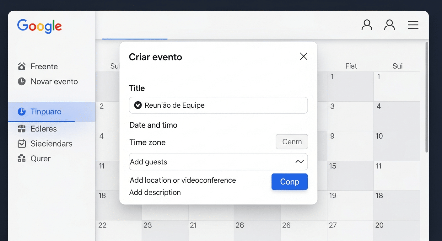 Captura de tela mostrando como criar e personalizar um novo evento no Google Calendar, incluindo a adição de título, data, hora, local, convidados e descrição.