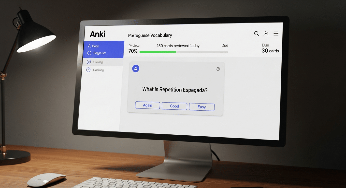 Captura de tela de um deck de flashcards no Anki mostrando o progresso de revisão e as estatísticas diárias de aprendizado.