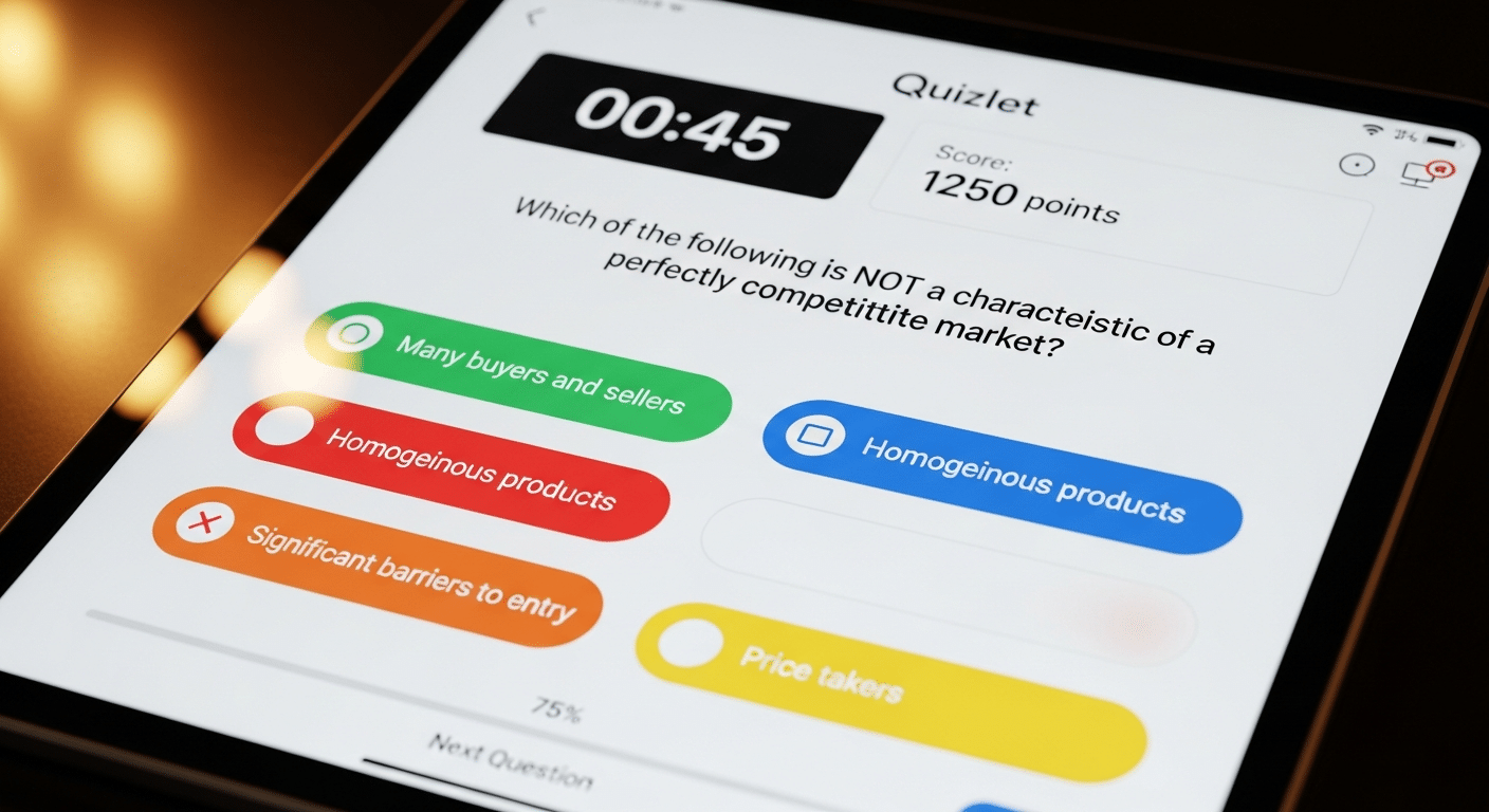 Captura de tela do Quizlet mostrando um modo de quiz interativo com perguntas e opções de resposta, ou um jogo de combinação de termos.