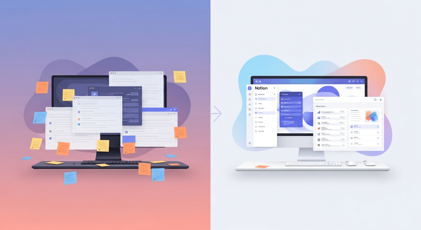 Transição do caos digital para um sistema organizado no Notion.