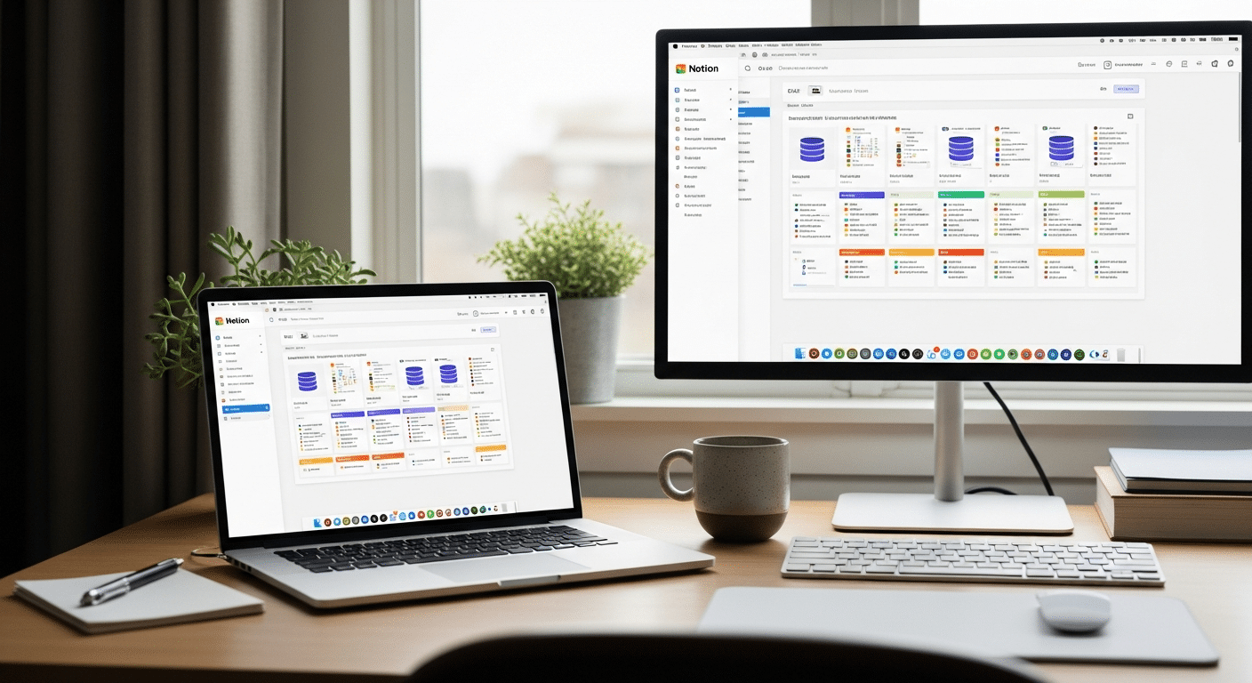 Exemplo de um workspace digital Notion organizado com páginas e databases.