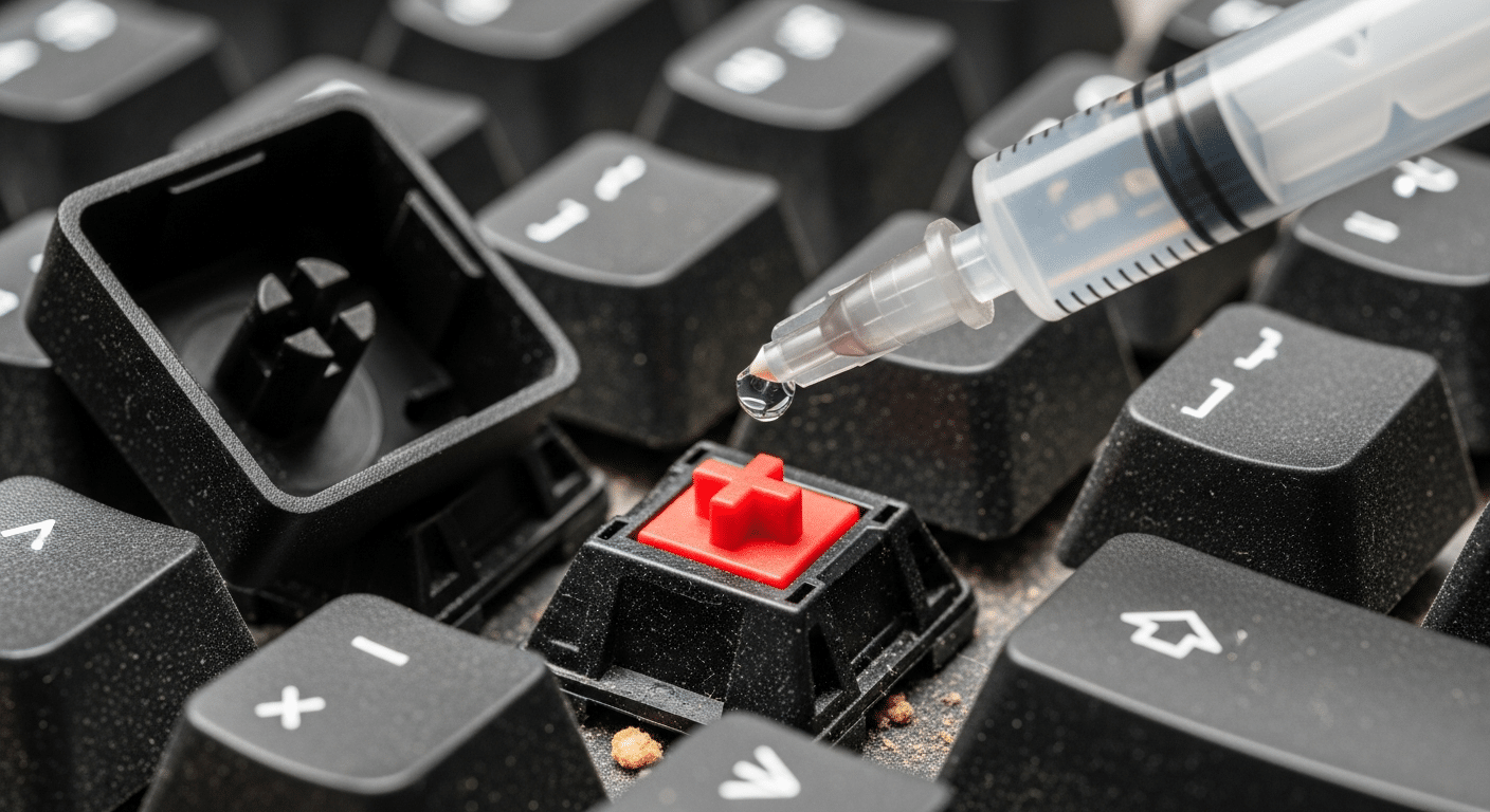 Close-up de uma mão aplicando álcool isopropílico em um switch mecânico exposto usando uma seringa ou canudo, com a keycap removida ao lado.