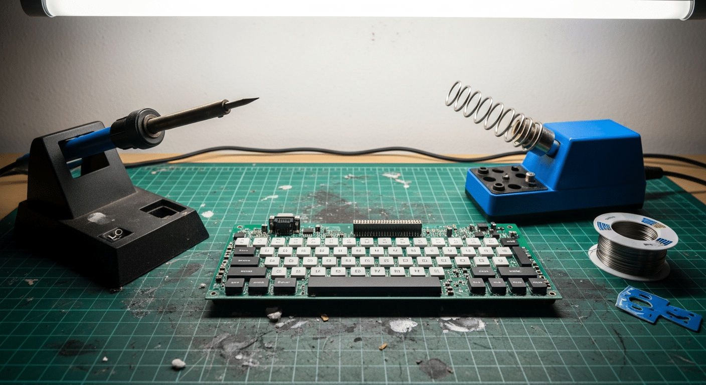 Bancada de reparo eletrônico com ferro de solda, sugador de solda e um switch mecânico desmontado, mostrando o reparo avançado.