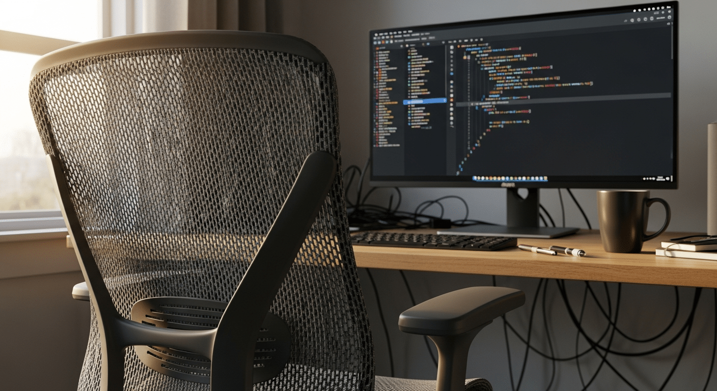 Cadeira ergonômica moderna feita inteiramente em tela mesh cinza, mostrando a transparência do material no encosto