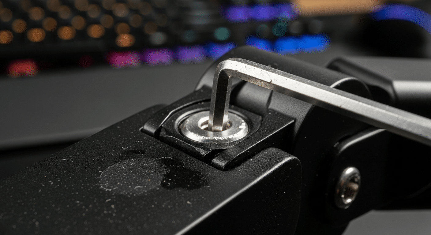 Foto em close-up mostrando a chave Allen inserida no parafuso de regulagem do F80N com setas gráficas indicando a direção de giro