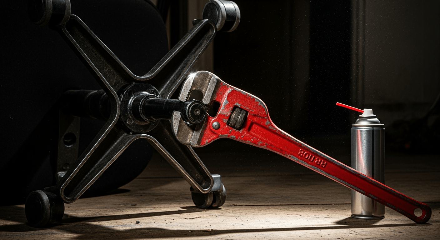 Cadeira Descendo Sozinha: O Truque do Cano PVC Funciona ou Compensa Trocar o Pistão? 13 Foto demonstrando o uso da chave de grifo para remover o pistão antigo preso na base da cadeira