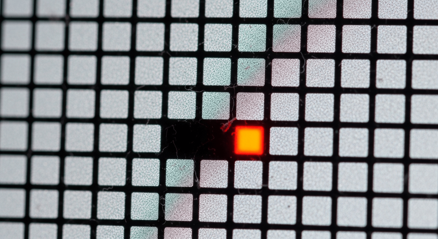 Dead Pixel vs Stuck Pixel: Guia de Identificação e Reparo 11 Close-up macro shot comparing a black dead pixel against a bright red stuck pixel on an LCD screen grid