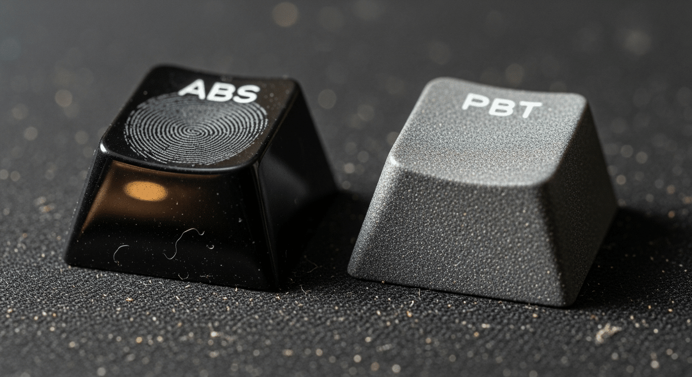Close-up comparativo mostrando uma tecla ABS brilhante e desgastada ao lado de uma tecla PBT nova e texturizada