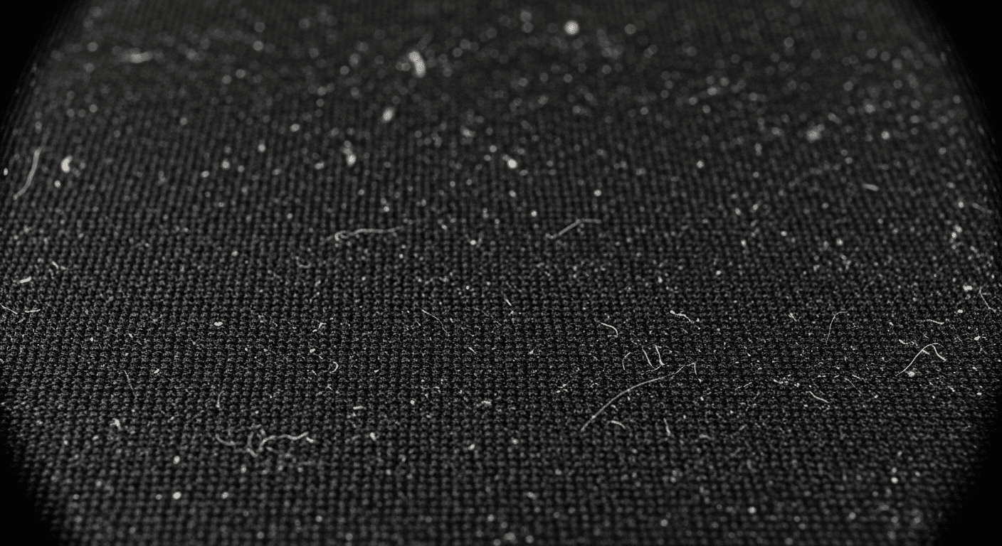 Close-up comparativo mostrando a trama de um mousepad limpo versus um sujo com detritos visíveis