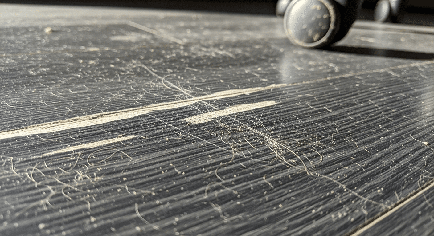 Close-up mostrando riscos brancos em piso laminado de madeira causados por rodinhas de nylon comuns