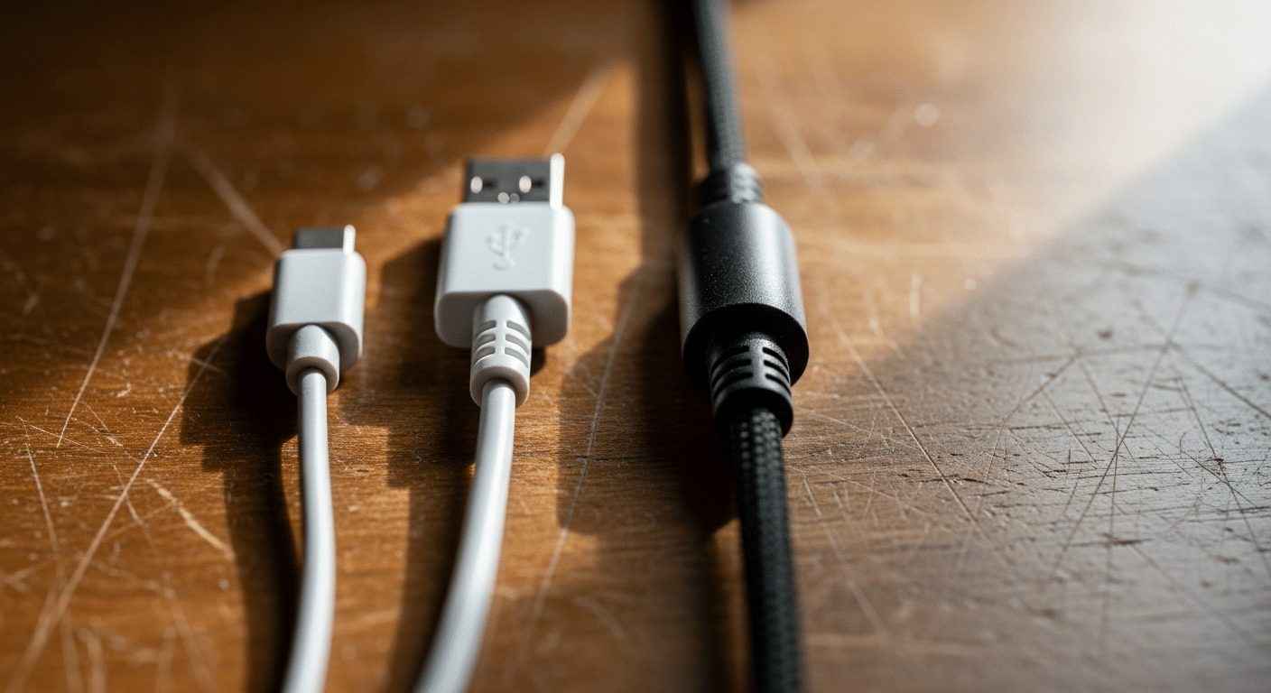 Como tirar o chiado do microfone: Guia Definitivo para Áudio Cristalino 13 Comparação visual lado a lado: um cabo USB genérico fino versus um cabo USB premium com filtro de ferrite cilíndrico na ponta