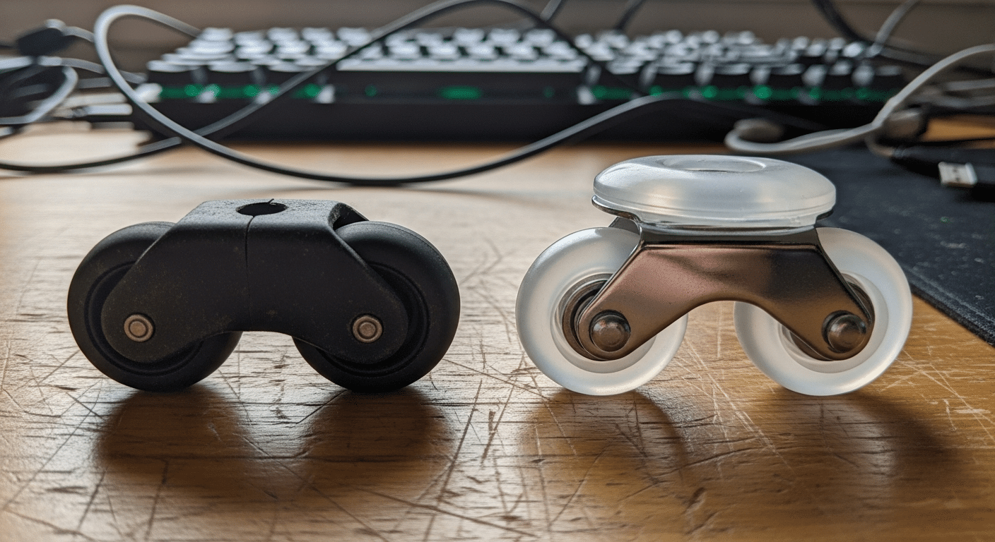 Comparação lado a lado: rodinha dupla de plástico preta vs rodinha de silicone transparente com suporte de metal