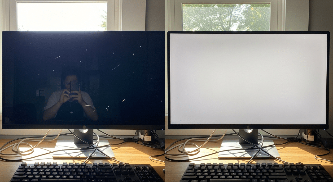 Comparação lado a lado: um monitor com tela glossy refletindo nitidamente uma janela ensolarada versus um monitor fosco onde o reflexo é apenas uma mancha de luz difusa