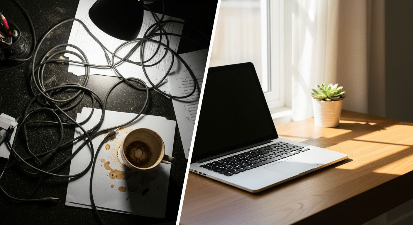 Como Montar um Setup Minimalista: Guia de Produtividade e Foco 11 Comparação visual lado a lado: uma mesa desordenada com cabos e papéis versus uma mesa minimalista organizada com iluminação suave