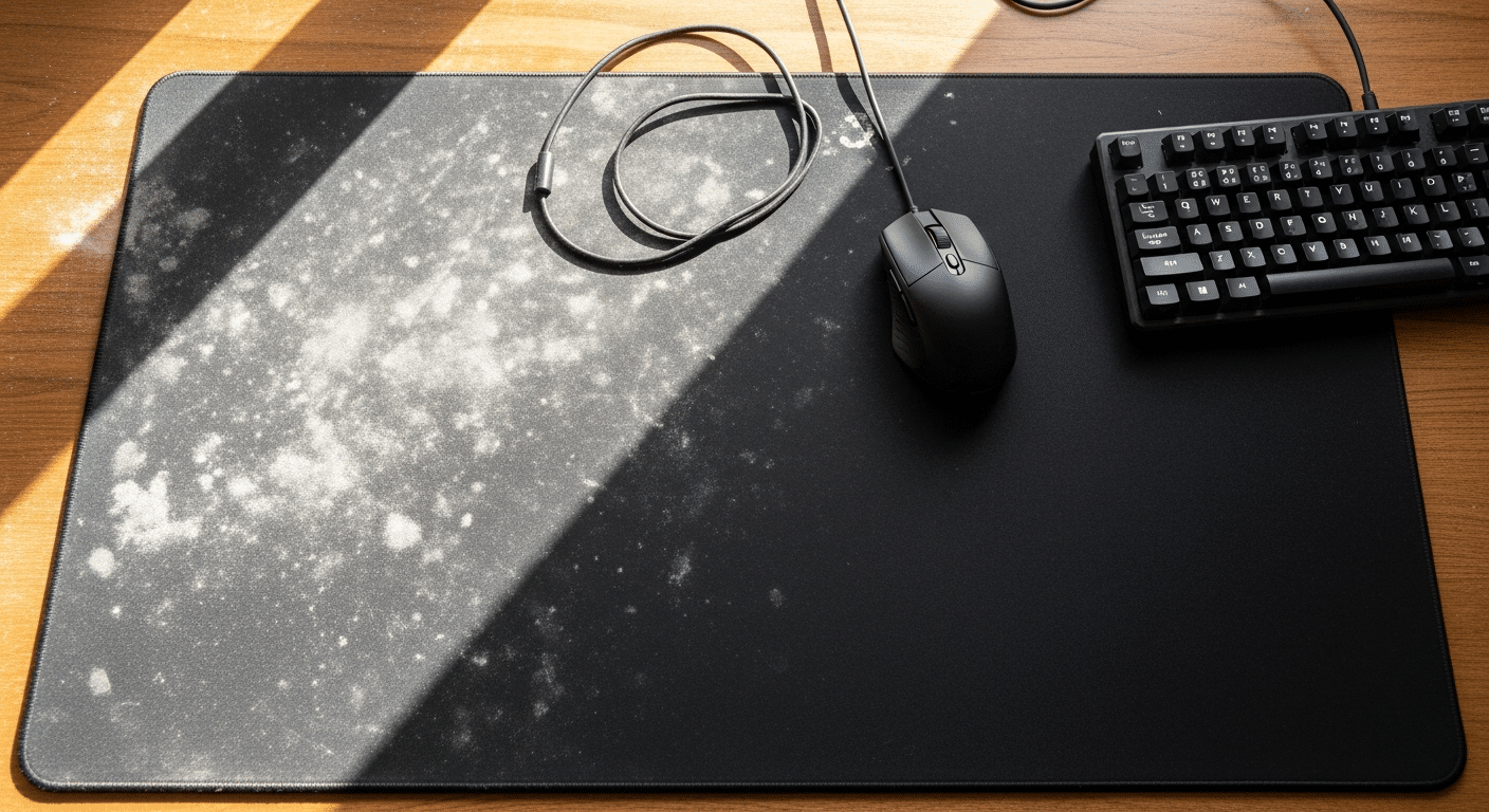 Foto dividida mostrando metade do mousepad sujo e cinzento e a outra metade limpa e preto profundo