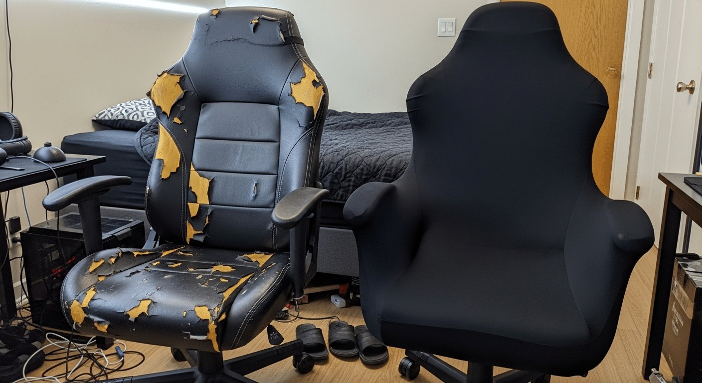 Comparativo lado a lado: Esquerda uma cadeira gamer descascada, Direita a mesma cadeira coberta com uma capa preta ajustada de tecido spandex